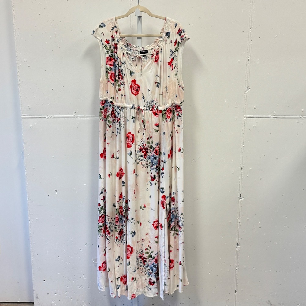 Torrid Floral Rayon Maxi Dress 3X Cream Red Blue Slit 11797548 Boho Plus Size